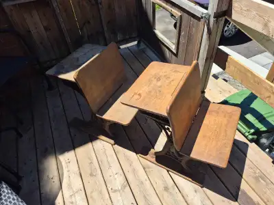 antique school desk, solid wood and wrought iron, View more