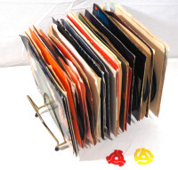 Rack of Vintage 45 Records w/rack and 45 Record Adapters