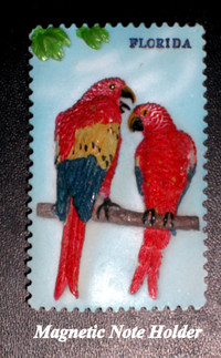 vintage Magnet holder, 2 coloured 3-D birds, Florida 7.5x4.5x2cm