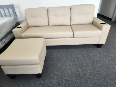 Beige Faux Leather Sofa with Ottoman, View more