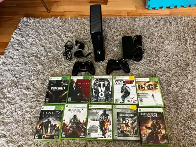 Xbox 360 slim 120Gb console, 10 games, 2 controllers, View more
