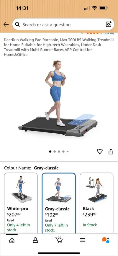 ‍♀️ DeerRun Walking Pad Treadmill – Under Desk Walking Treadmill (Gray Classic) Price: $140 Compact...