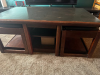 Wood Coffee Table w/ 2 leather ottomans 