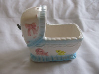 Vintage Ceramic Musical Baby Bassinet Cradle Nursery Planter Orn