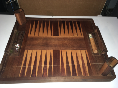 This is a Unique, One-of-a-Kind, Handcrafted Wooden Chess/Backgammon Ensemble. It consists of a felt...