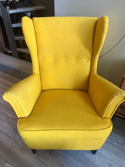 Yellow winged chair and ottoman, View more