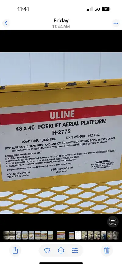 ULINE forklift man basket. 48” x 40” Model H2772t. OBO