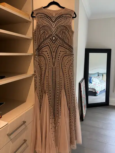 Sparkly Formal Women’s Dress, Beige Light Brown with Sparkly Black Detailing