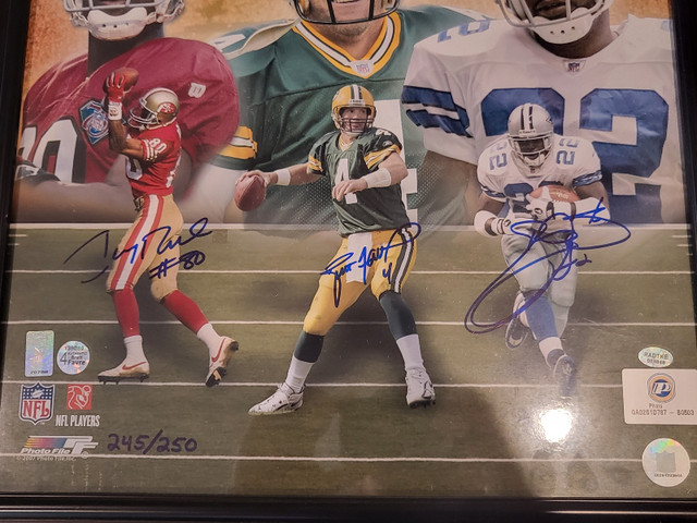 Favre, Jerry Rice and Emmitt Smith signed Picture w/COA  in Arts & Collectibles in Edmonton - Image 4