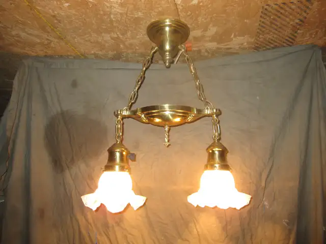 1930s ANTIQUE LIGHTING 2 ARM BRASS PAN LIGHT WITH OLD SHADES63235120722561121