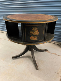 Vintage leather top swivel table with Oriental accents