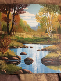 Original oil painting pond in the forest