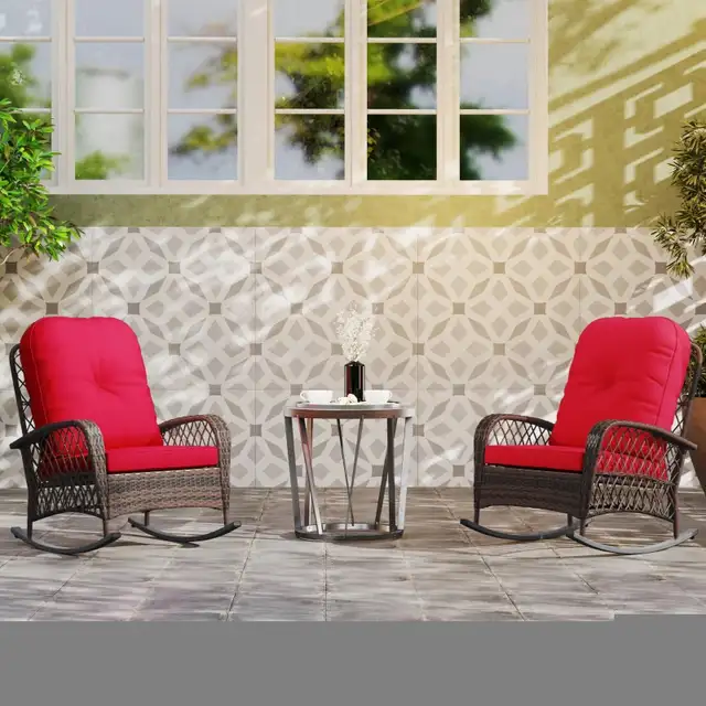 Outdoor Wicker Rattan Rocking Chair Set of 2, Patio Rocker with  in Patio & Garden Furniture in Markham / York Region - Image 8