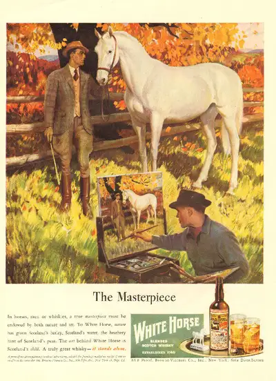Large 1946 magazine ad for White Horse Whiskey Titled- “The Masterpiece”- this ad shows an artist pa...