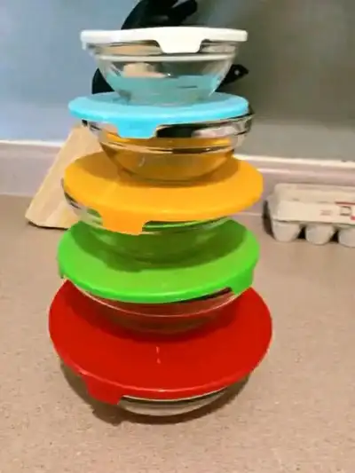 5 GLASS BOWLS WITH LIDS., View more