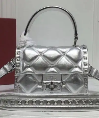 Designer Inspired Small Rockstud Silver Leather Handbag, View more