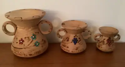 3 Small Handmade Wooden Vases with Wood Burned & Painted Details, View more