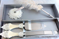 Brand new wedding cake cutting knife set, lace glove, parasol