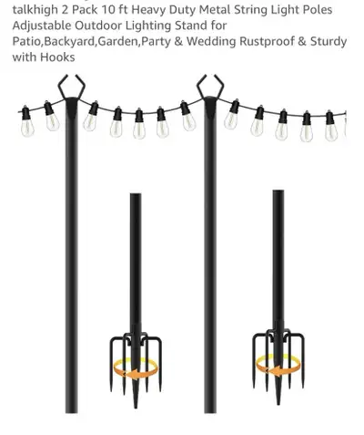 New 2 Pack 10 ft Heavy Duty Metal String Light Poles , View more