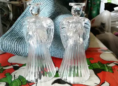 A Pair ribbed glass figurine candle sticks, View more