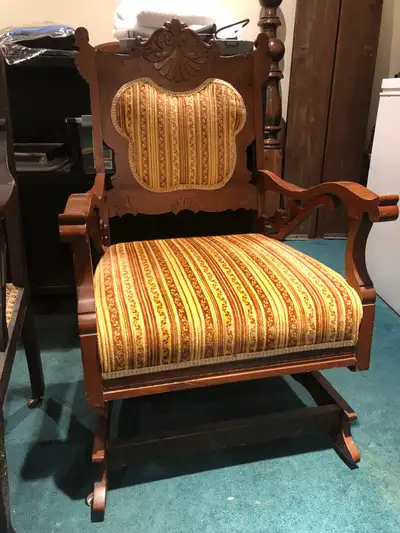 Wooden rocking chair with cloth seat and back-vintage in good condition