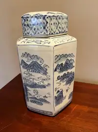 Vintage Chinese hexagonal blue and white ginger jar