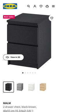 Ikea Malm 2 drawer chest, black brown with glass top