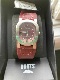  Roots, watch, red leather band 