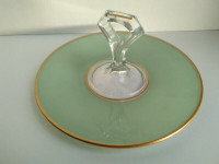 REDUCED Vintage Green Glass Cake Tidbit Serving Tray with Handle