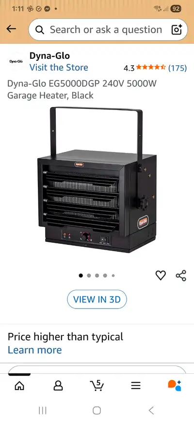 Dyna-Glo 5000W garage heater, 240V, View more