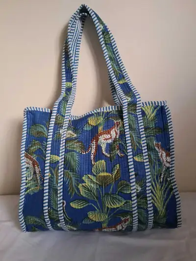NEW BOHO LEOPARD PRINT BLUE QUILTED TOTE, View more