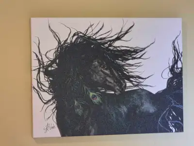 Retail warfare $180+ Beautiful Print like NEW Black stallion with peacock feathers Goddess symbolism