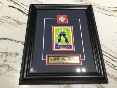 Framed #29 Ken Dryden Montreal Canadiens card, matting, plaque & pin. 1983 H.O.F. $125 6 - Time Stan...