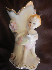 VINTAGE Porcelain boy wth bird vase Japan