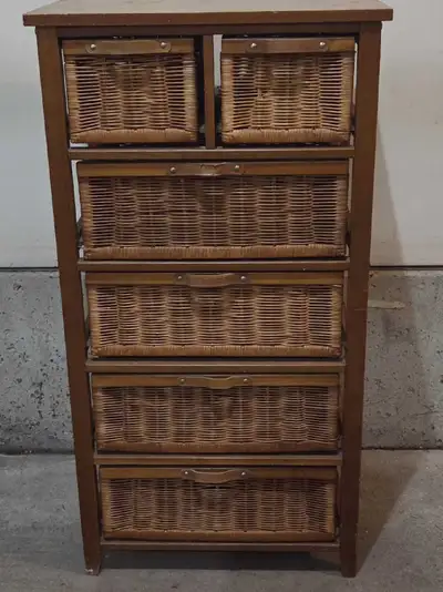 Vintage wooden storage cabinet with 6 pull- out wicker baskets, View more