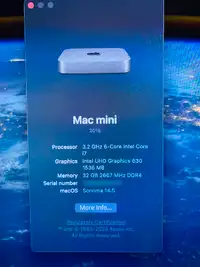 MAC MINI 2018 3.2GHZ 6 CORE i7 32GB RAM 128GB SSD SPCE GREY MINT