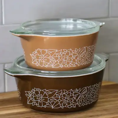Vintage Pyrex casserole dishes bowls lids brown floral pattern, View more