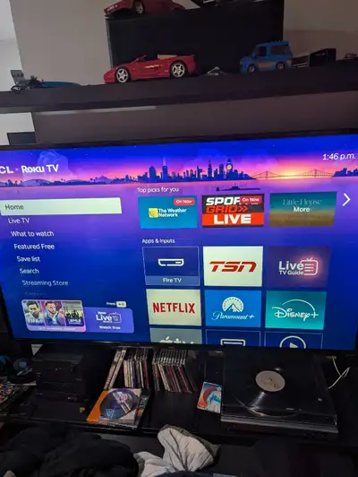 55 inch led TV with remote. Works fine. Only issue is cosmetic surface scratch on panel. Does not af...