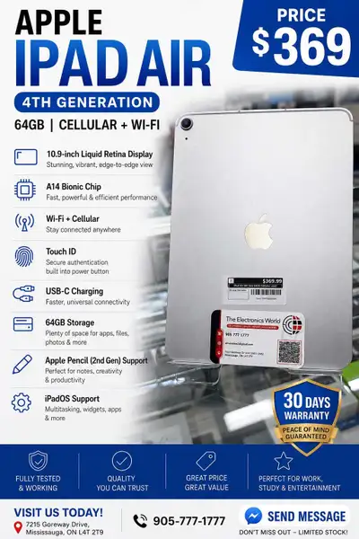 Upgrade your tech with this powerful and stylish iPad Air 4th Gen. Perfect for work, school, enterta...