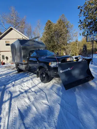 Arborist chip truck with snow ex 8.6 HD v-plow. 4x4, 2 door. Electric over hydraulic dump box. Eloqu...