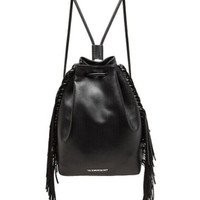 Black Leather Drawstring Back Backpack / Sac a Cordon