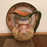 Ceramic Pitcher and Large Bowl with Rooster