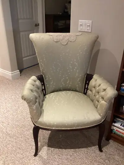 Restored pair of winged Victorian chairs, pale green upholstery, dark walnut legs and trim. Excellen...