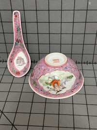 Vintage  hand painted pretty pink rice bowl & spoon- made in Chi