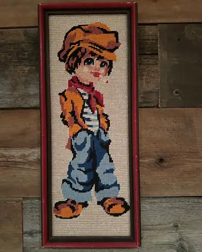 CADRE TABLEAU VINTAGE RÉTRO MID CENTURY BOY GARÇON PETITS POINTS, View more