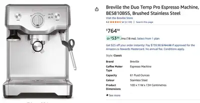 Breville Duo Temp Pro espresso BES810, brushed stainless steel, View more