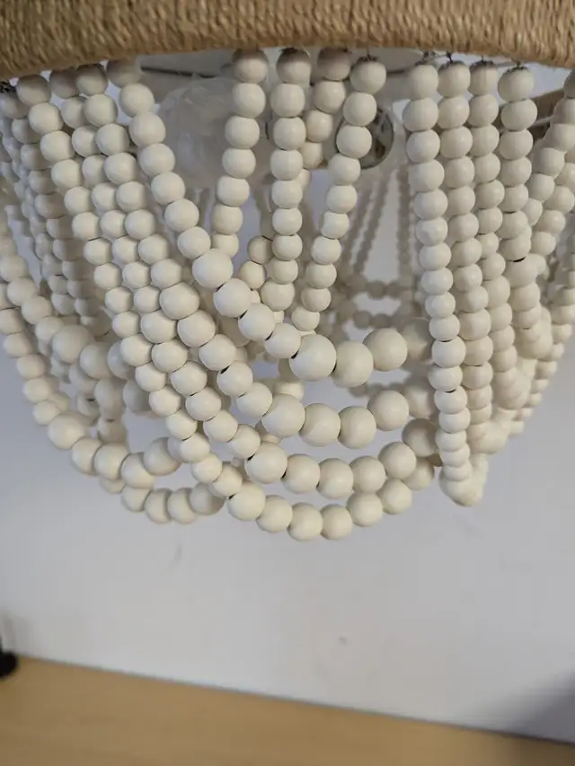 White Boho 3-Light Bead Chandelier - Wood Beaded Ceiling Fixture in Indoor Lighting & Fans in Mississauga / Peel Region - Image 5