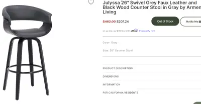 NEW Julyssa 26 Counter Height Swivel Grey Faux Leather and Black Wood Bar Stool $95 (Rets $460+) Sti...