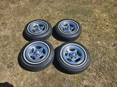 Selling a set of 4 x vintage factory 5 slot mag wheel AMC rims and whitewall tires. Tires are Toyo E...