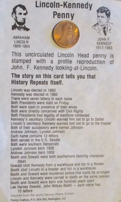 LINCOLN & KENNEDY PENNY CARD. COMES WITH PENNY AND CARD WITH 15 POINTS OF COINCIDENCE BETWEEN THE TW...